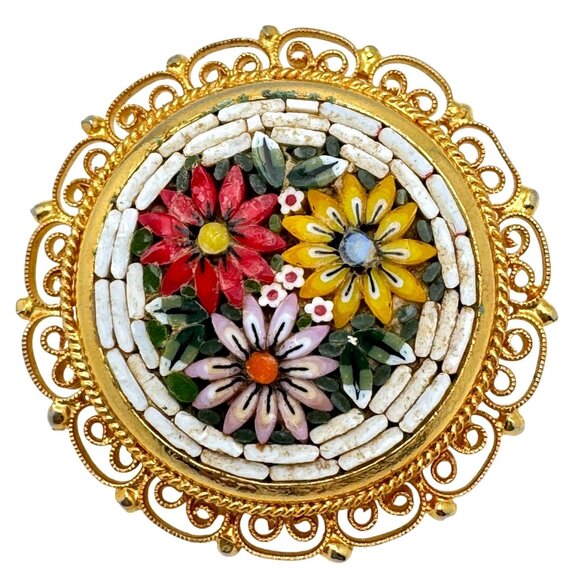 Vtg Italian Gold-Tone Micro Mosaic Floral Brooch Intricate Tesserae Filigree - Picture 1 of 7